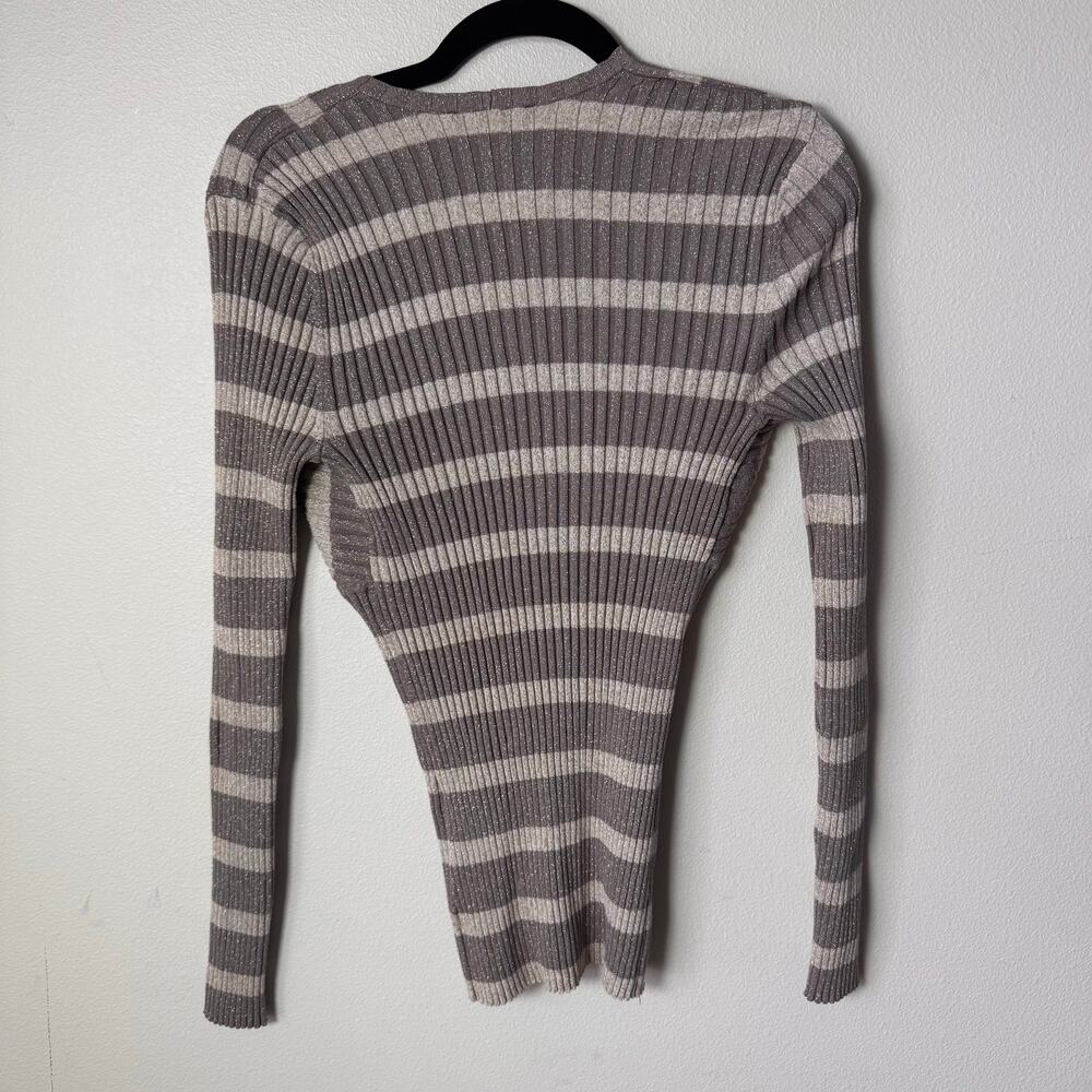 Y2K INC Ribbed Sweater L Glitter Striped V Neck Fitted Coquette Grunge Fairy - Picture 3 of 9